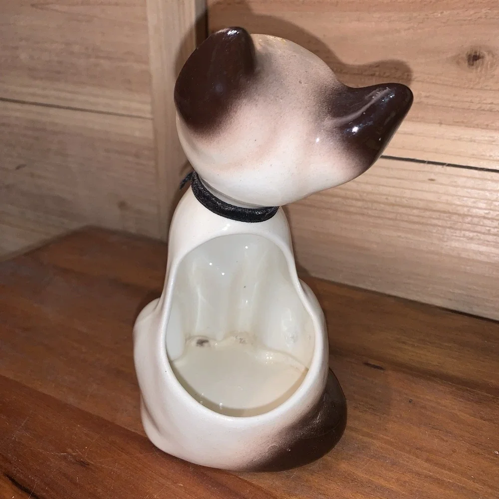 VTG Siamese Cat Ceramic Planter Granny Cottage Core Mid-Century Blue Eyes W/bell